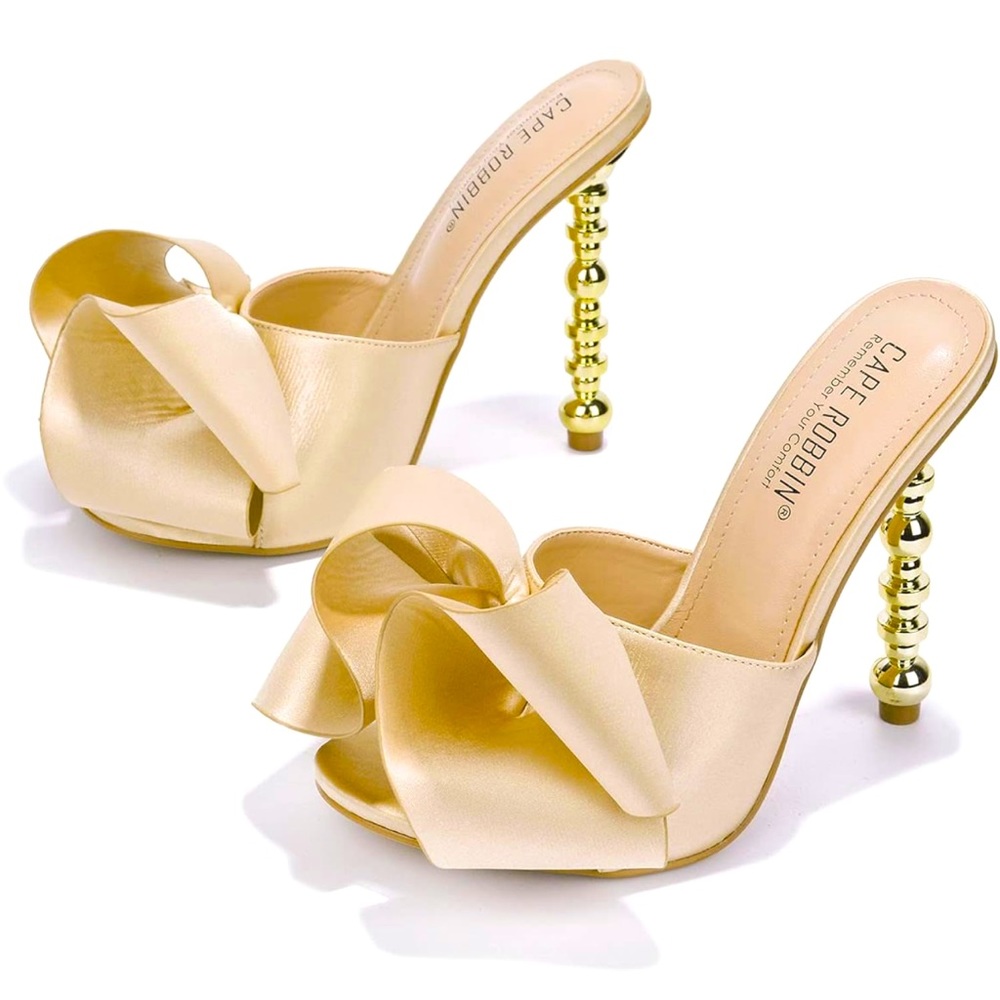 Cape Robbin Cream Satin Heels with Bow and Beaded Heel